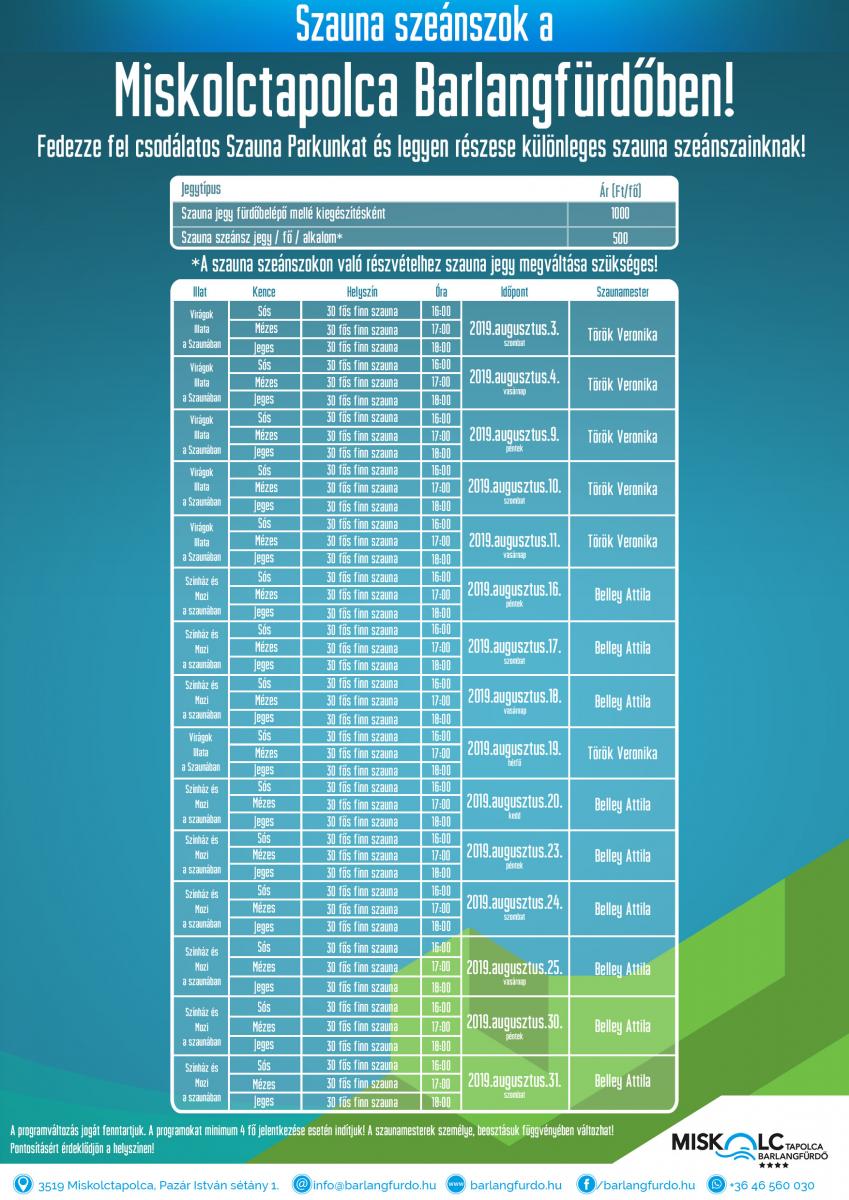 AUGUSZTUSI SZAUNA SZEÁNSZOK A MISKOLCTAPOLCA BARLANGFÜRDŐBEN
