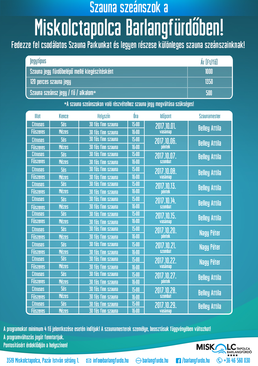 Októberi szauna szeánszok a Miskolctapolca Barlangfürdőben!